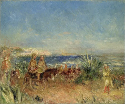 Robed riders on donkeys along a sandy Algerian coastline with tall grasses, a blue sea, and pale sky