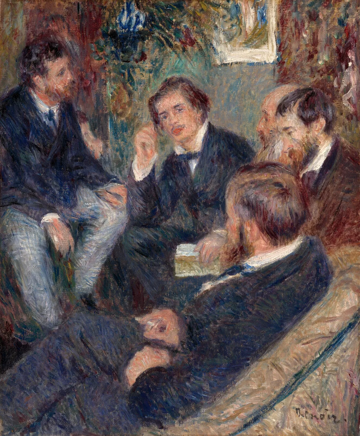 Four men in dark suits gathered in conversation in a parlor, one gesturing with his hand, in muted blue, brown, and maroon tones