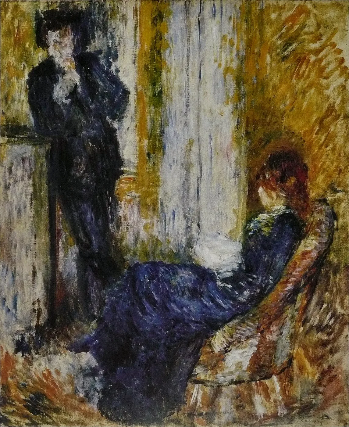A standing figure in dark clothing and a seated woman in a deep blue dress in a room with an ochre and cream wall