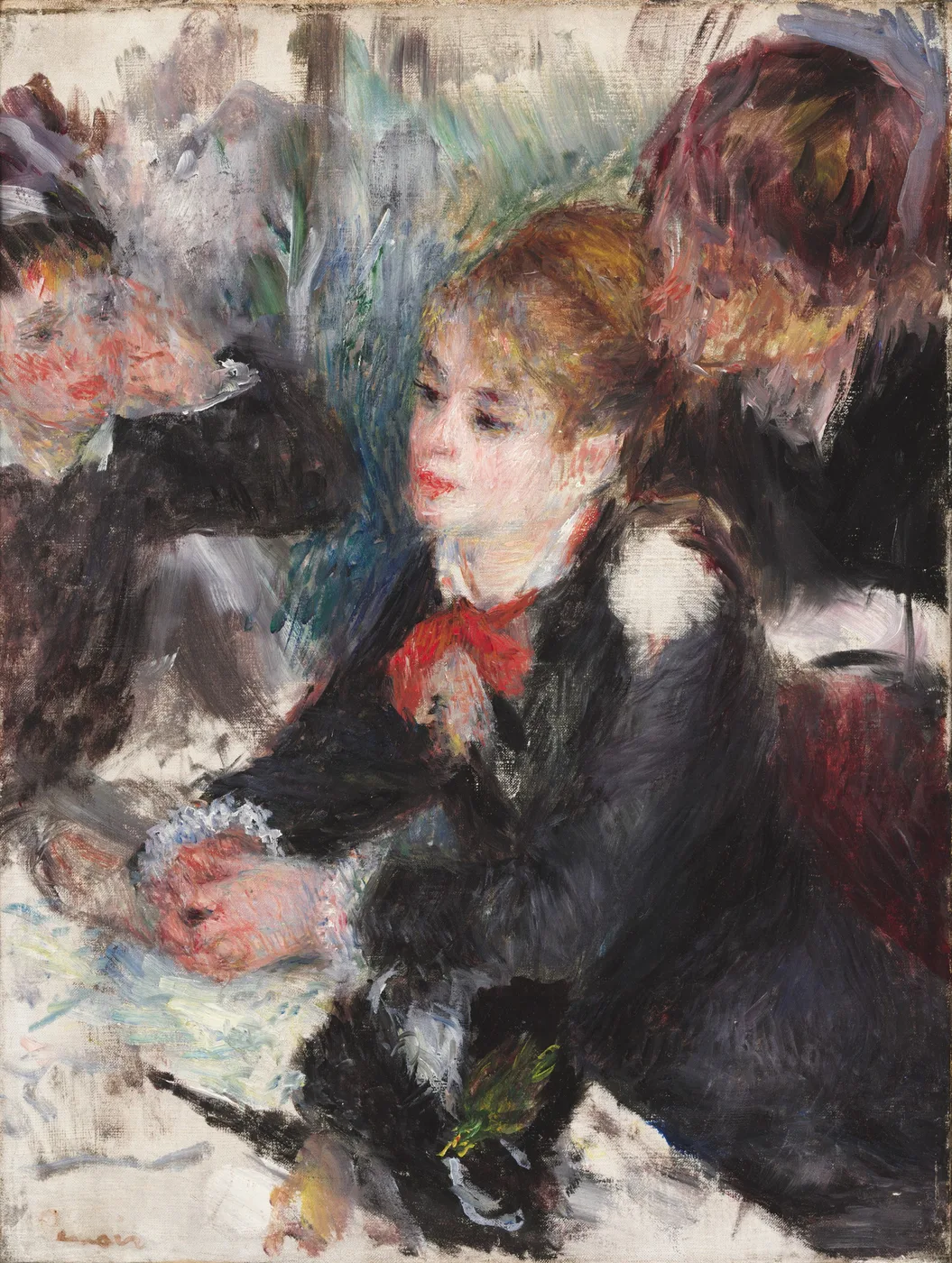 A young woman in a dark coat with a red bow at her throat sits between two other milliner's customers examining lace, in muted black, white and red