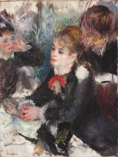 A young woman in a dark coat with a red bow at her throat sits between two other milliner's customers examining lace, in muted black, white and red