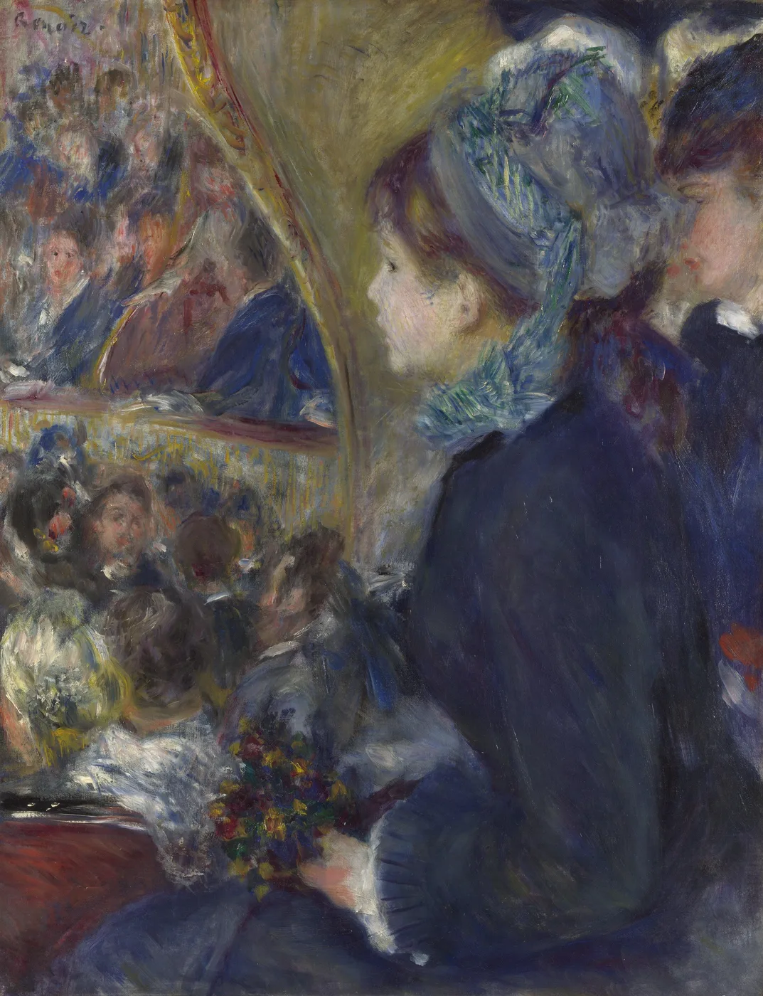 A girl in a blue ribboned bonnet holding a small bouquet, seated in a theatre box above a crowded audience, in navy, gold, and pale blue