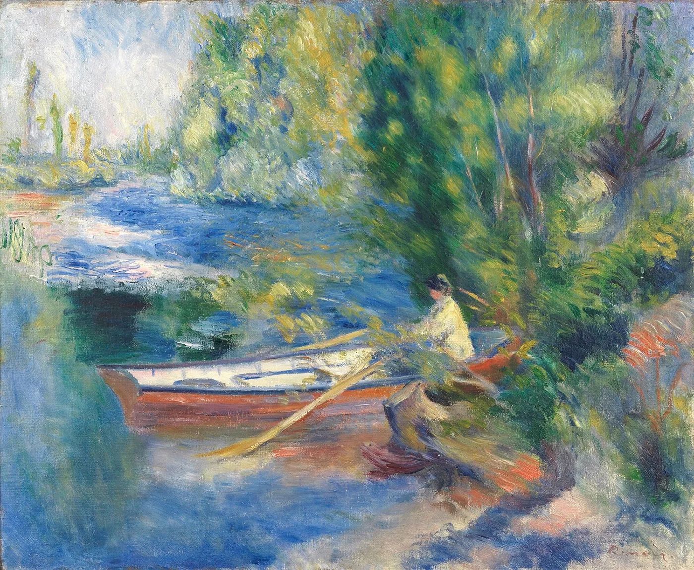 A red and white rowboat moored at a riverbank shaded by green trees, with a figure in white seated nearby