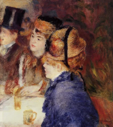 A group at a cafe table, a woman in a blue coat and straw hat beside a man in a top hat, with mugs on a white cloth