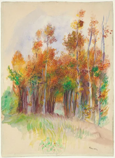A watercolour of a grove of trees in autumn foliage lining a path, in orange, gold and green tones