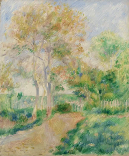 A tall autumn tree with gold and rust leaves beside a wooded path, in soft green, ochre and pale blue tones