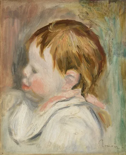 A profile portrait of a rosy-cheeked baby in a white smock, auburn hair catching the light against a soft pink ground