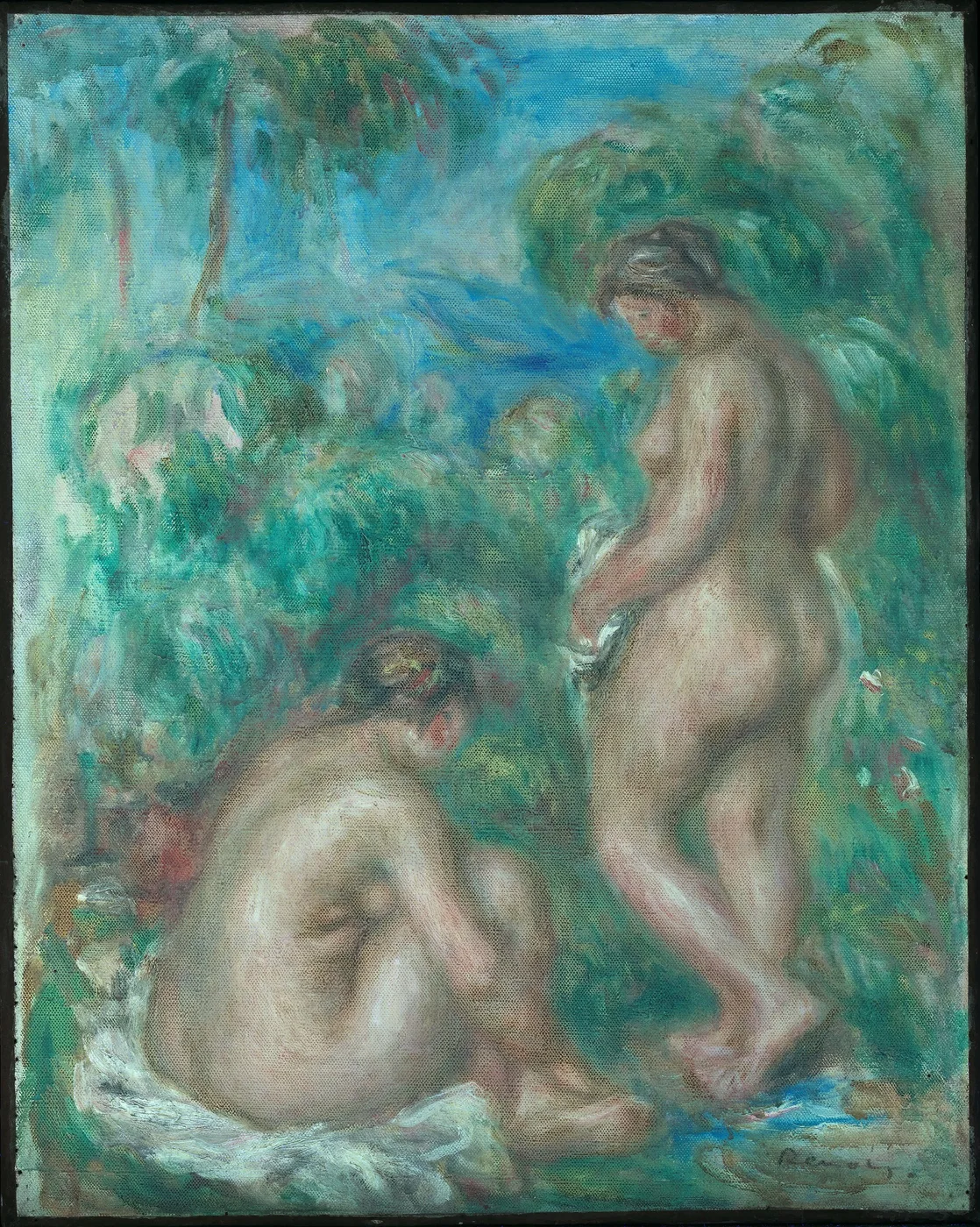 Two nude bathers among dense green foliage, one standing and drying herself, the other crouched at the water's edge