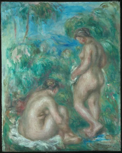 Two nude bathers among dense green foliage, one standing and drying herself, the other crouched at the water's edge