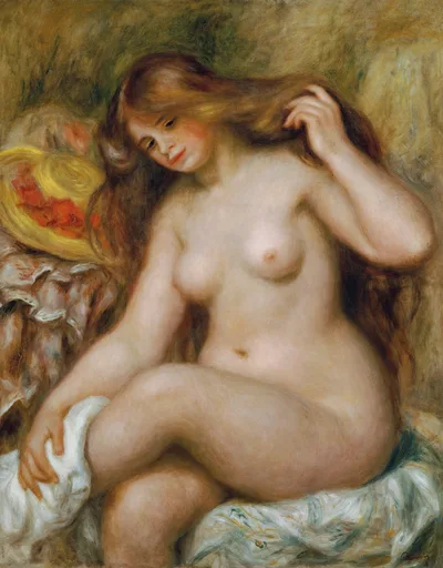 A seated nude bather with loose blonde hair, running her fingers through it beside a straw hat, in warm flesh tones and soft green background