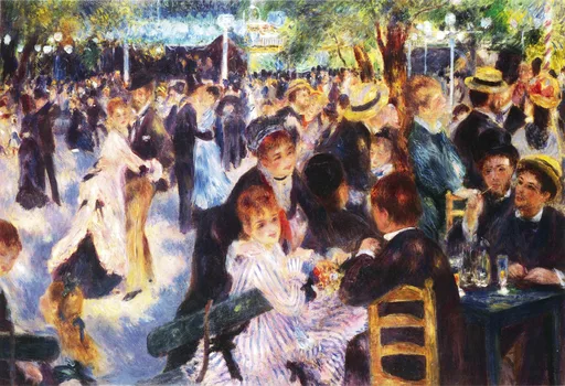 A crowded outdoor dance party under trees strung with lamps, couples dancing and groups seated at tables in dappled light