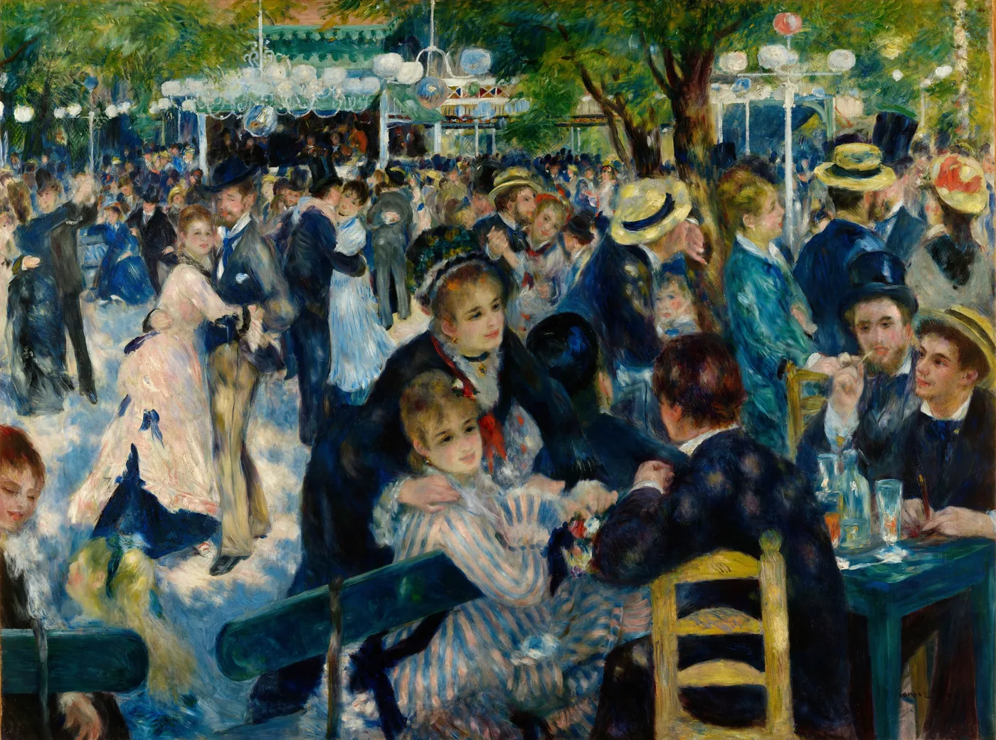 A crowded outdoor dance garden with couples dancing and chatting under trees, in dappled sunlight, deep blues and warm gold