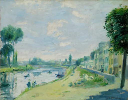 A riverside path with strollers beside a river with moored boats, tall trees at left and pale buildings along the far bank
