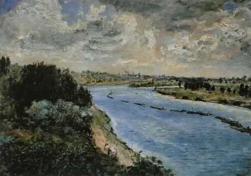 A wide view of barges moored along the Seine river under a dramatic cloudy sky, seen from a wooded riverbank, in blue, grey and dark green