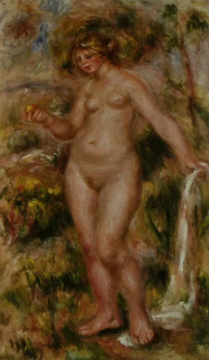 A standing nude bather holds an apple in one hand and drapes white cloth over the other, amid dense green and gold foliage