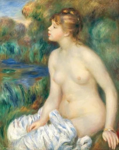 A seated nude bather in profile with a bracelet rests on white drapery beside a pond, framed by lush green bushes