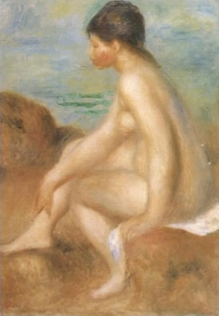 A nude bather seen from the side, seated on rocks and touching her leg, against a pale blue and green sea