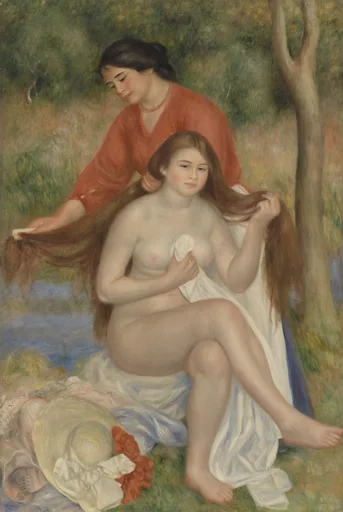 A seated nude bather having her long hair combed out by a clothed maid in a red blouse, outdoors by a stream, in flesh tones, red and green
