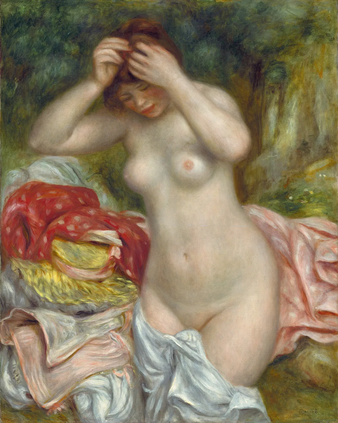 A nude bather lifts both hands to arrange her hair beside a red polka-dot cloth and pink drapery, against dark green foliage