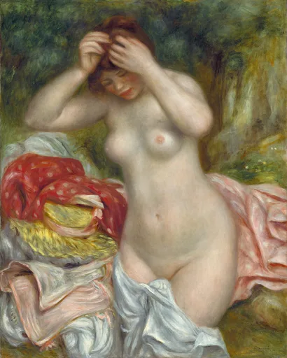 A nude bather lifts both hands to arrange her hair beside a red polka-dot cloth and pink drapery, against dark green foliage