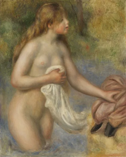 A kneeling nude bather with long auburn hair holds a white cloth to her chest beside pink drapery and dark shoes