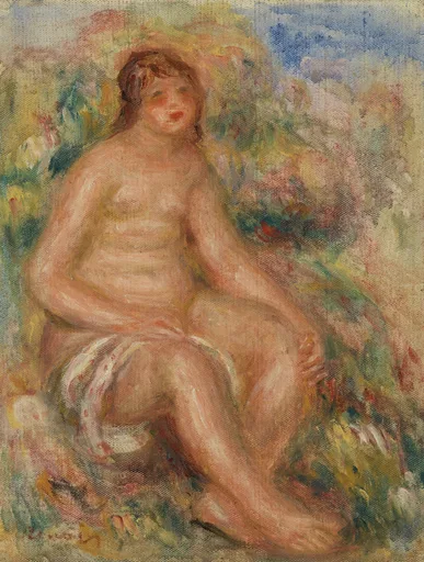 A seated nude bather rests one leg over the other on a white cloth, amid soft pink and green foliage under a blue sky