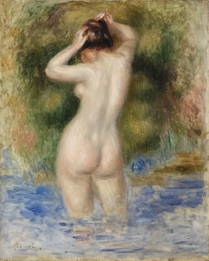 A nude bather standing in water raises both arms to gather her hair, seen from behind against green foliage