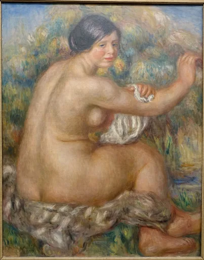 A large seated nude bather drying her raised right arm with a white cloth outdoors, in warm flesh tones against blue-green foliage