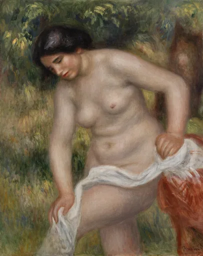 A nude bather dries herself with a white cloth against her hip, dark hair falling forward, an orange drape at her side