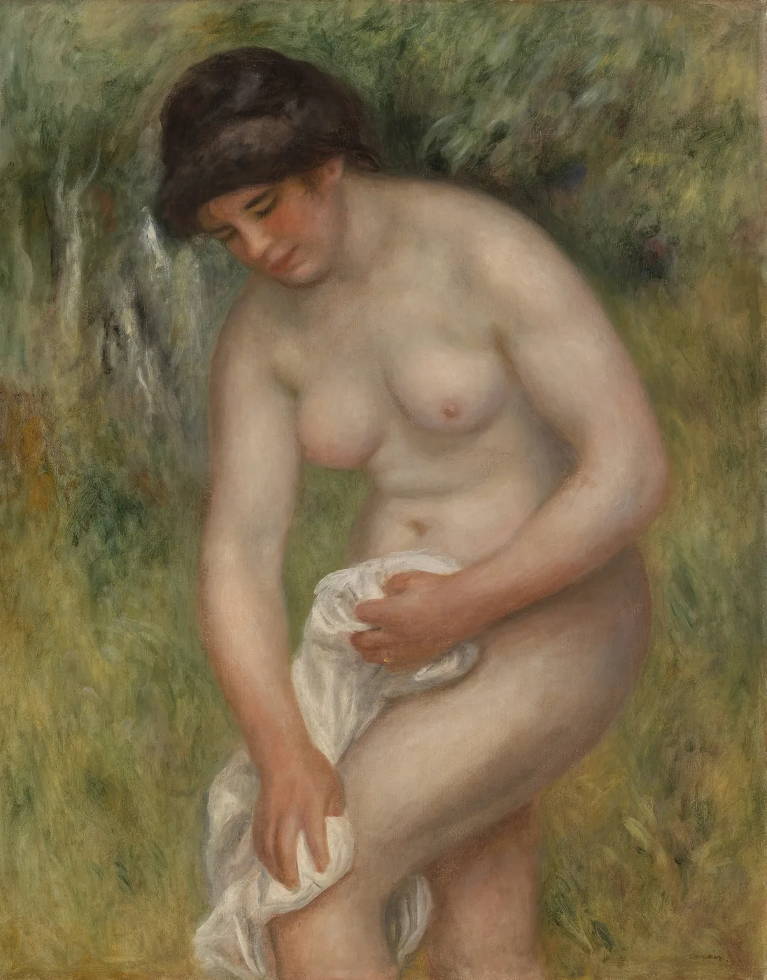 A nude bather with dark hair bends to dry her leg with a white cloth, one hip resting against an orange drape