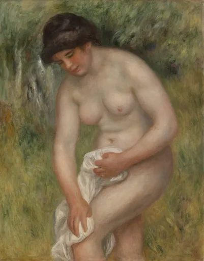 A nude bather with dark hair bends to dry her leg with a white cloth, one hip resting against an orange drape