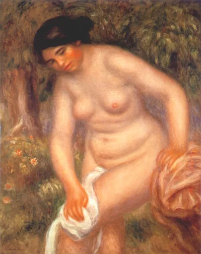 A standing nude bather dries her leg with a white cloth before a leafy green forest with small red flowers