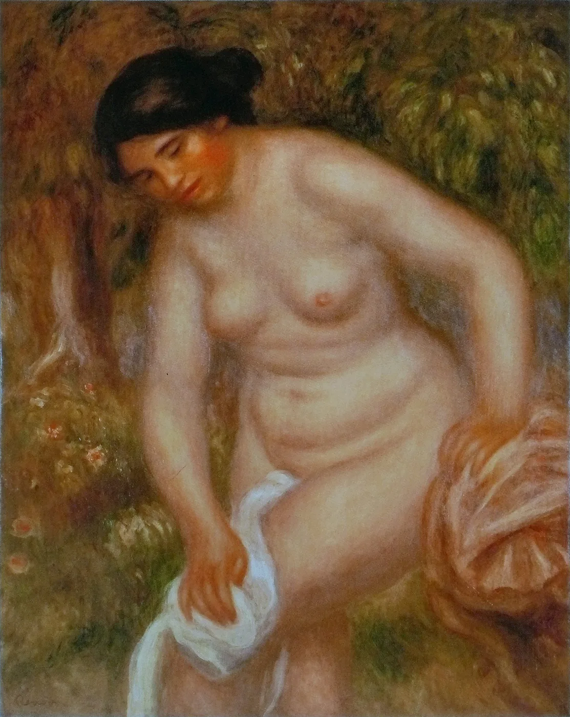 A nude bather bends forward drying her leg with a white cloth, dark hair pinned up, against a brown wooded backdrop