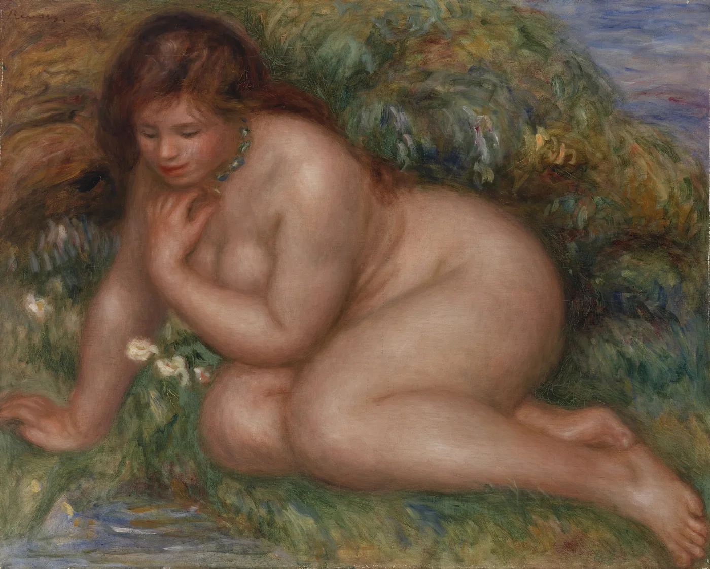 A crouching nude bather leans over water resting her chin on her hand, auburn hair loose, beside white flowers