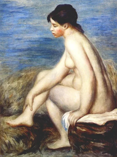 A seated nude bather holds her ankle on a rock, dark hair pinned up, against a deep blue sea
