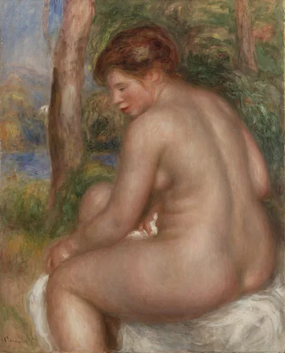 A seated nude bather seen from behind glances down at her hands, white cloth beneath her, a river visible past the trees