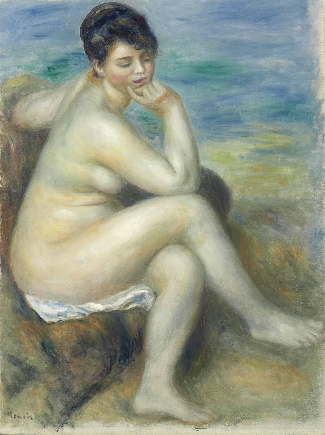 A seated nude bather leans her chin on her hand, elbow propped on a rock, before a blue-green sea