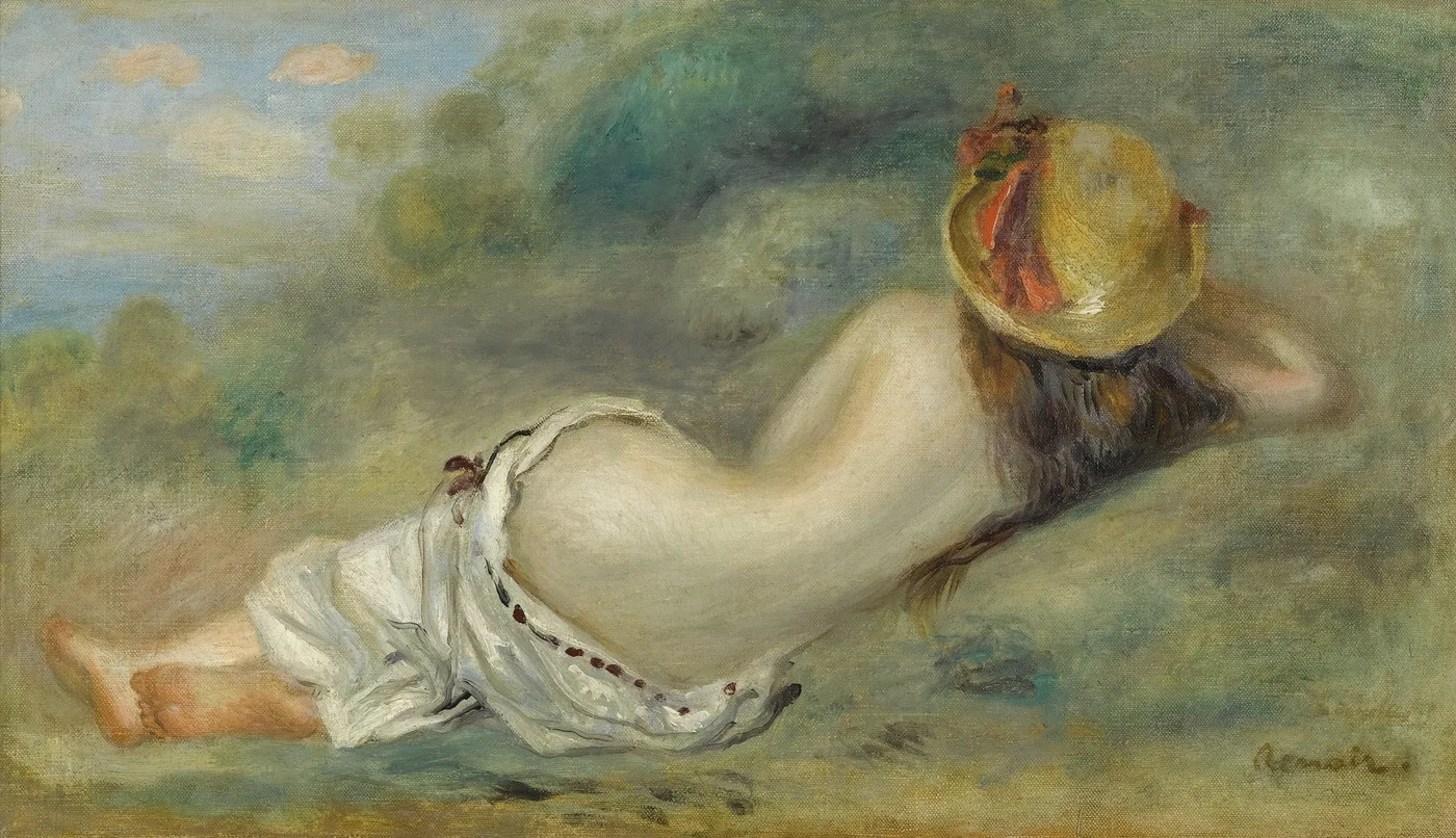 A nude bather lies stretched on her stomach in a straw hat, seen from behind on a grassy bank in soft green tones