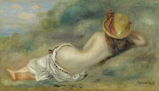 A nude bather lies stretched on her stomach in a straw hat, seen from behind on a grassy bank in soft green tones