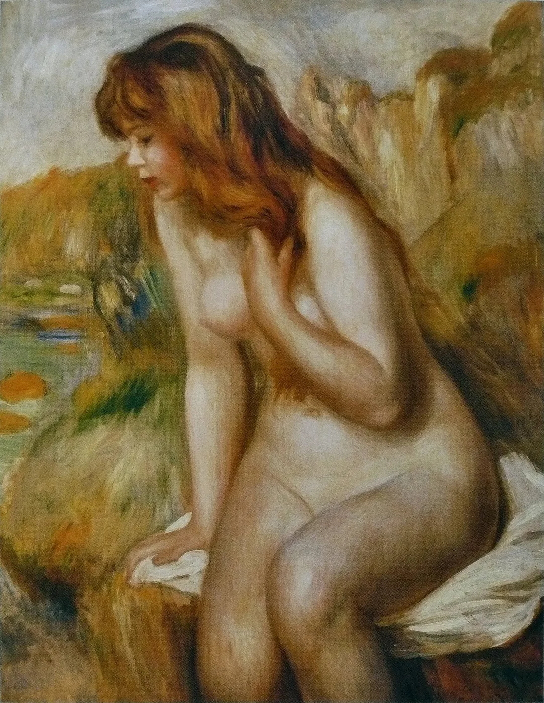 A seated nude bather with auburn hair clasps her hands to her chest on a rock beside a river, in warm ochre tones