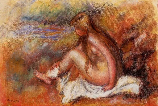 A pastel sketch of a nude bather seated by the sea, tending her foot on a white cloth against a warm reddish backdrop