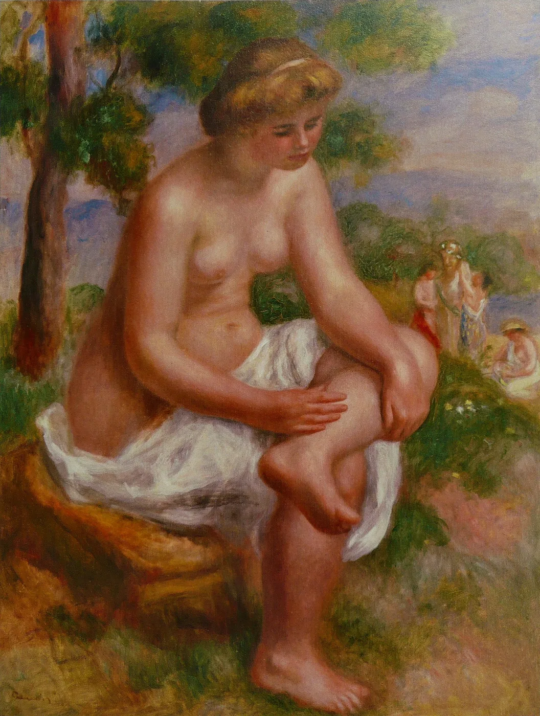 A nude bather seated on a bench hugs a raised knee wrapped in white cloth, other figures strolling by water beyond