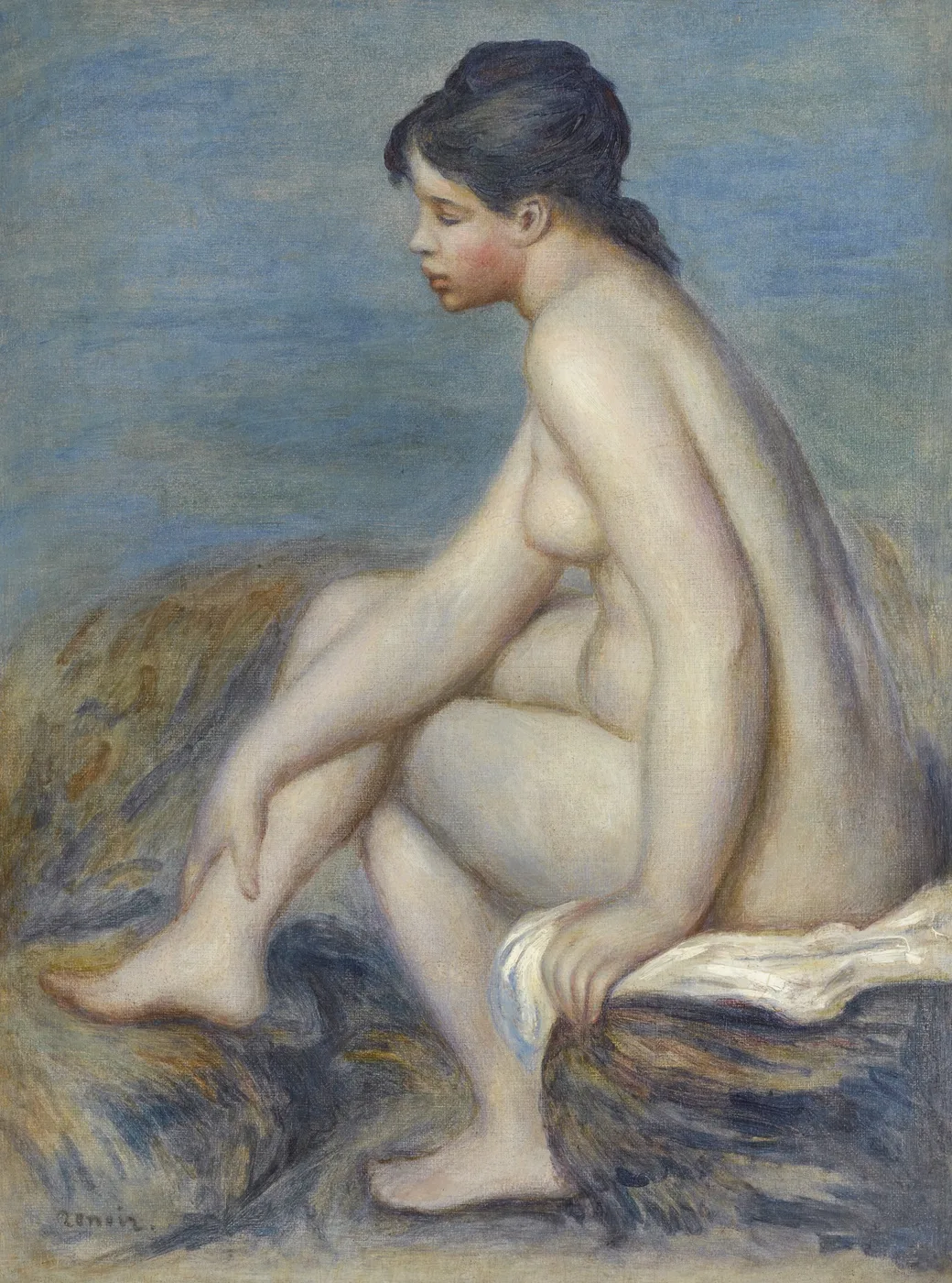 A seated nude bather in profile ties her dark hair while resting one foot on a rock, against a pale blue sea