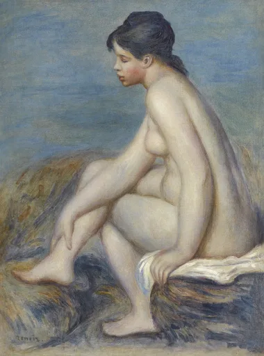 A seated nude bather in profile ties her dark hair while resting one foot on a rock, against a pale blue sea