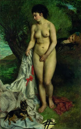 A standing nude bather beside draped white and red cloth with a small terrier dog and a second woman resting nearby, in deep green and cream