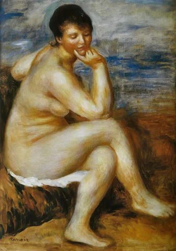A seated nude bather rests her chin on her hand, elbow on a rock, against a hazy blue sea and rust-toned shore
