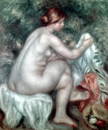 A seated nude bather seen from behind dries a white cloth beside a straw hat with flowers, amid dense green foliage