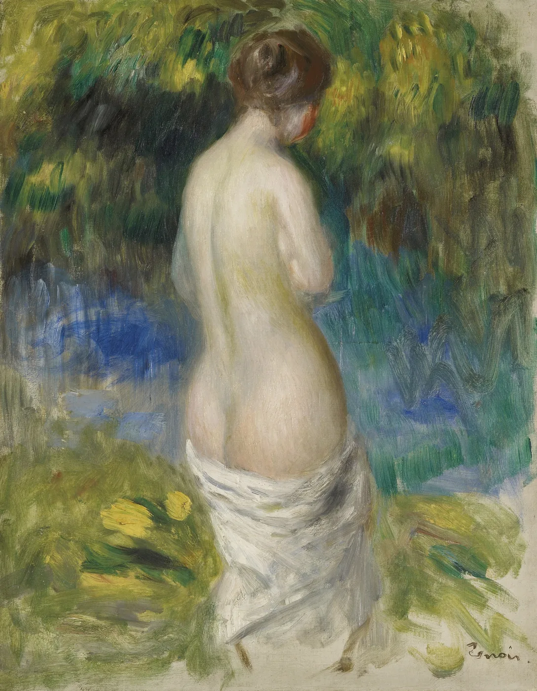 A nude woman seen from behind with a white cloth at her hips, standing before blue water and green foliage