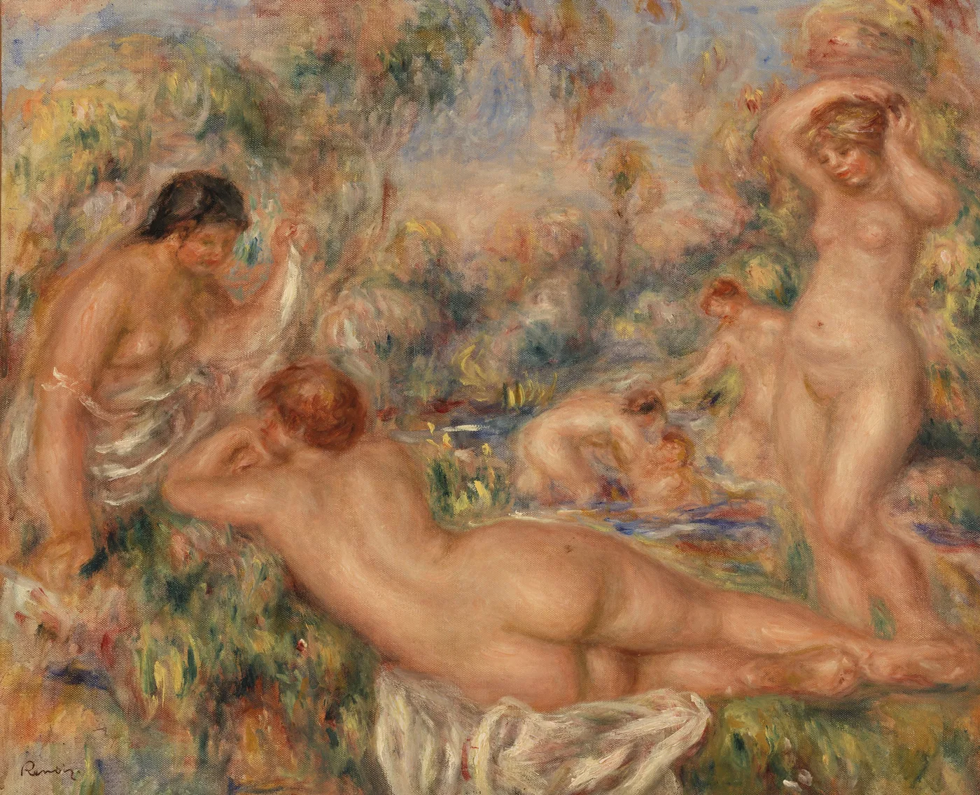 A group of nude bathers by a woodland pool, one reclining on white cloth in the foreground and others washing and drying nearby