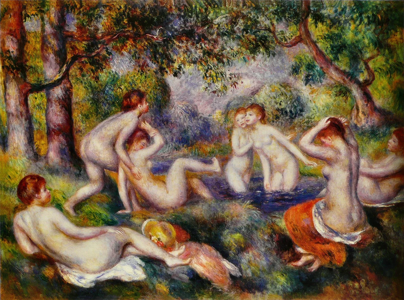 A group of nude bathers gathers around a pool in a sunlit forest clearing, in warm green, gold and rust tones